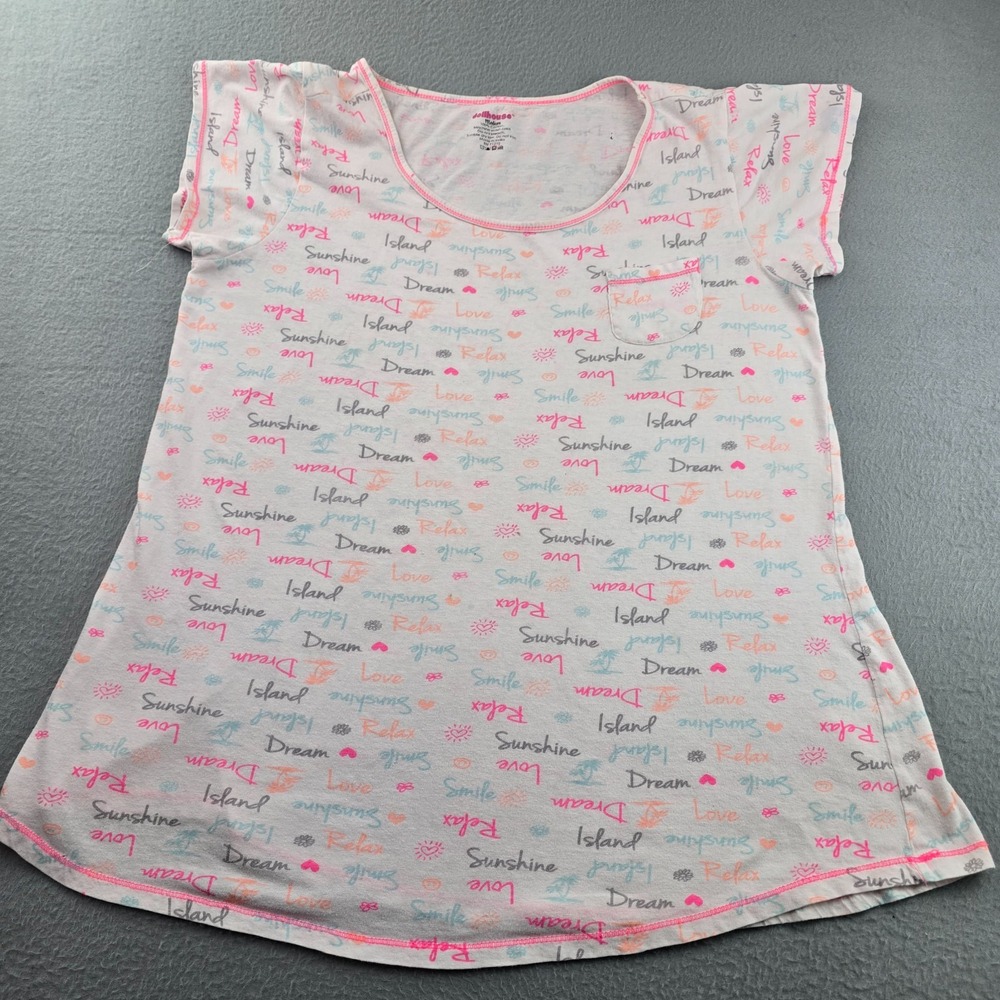 Dollhouse Sleep Shirt Womens Medium White Colorful Graphic Words Heart Everyday